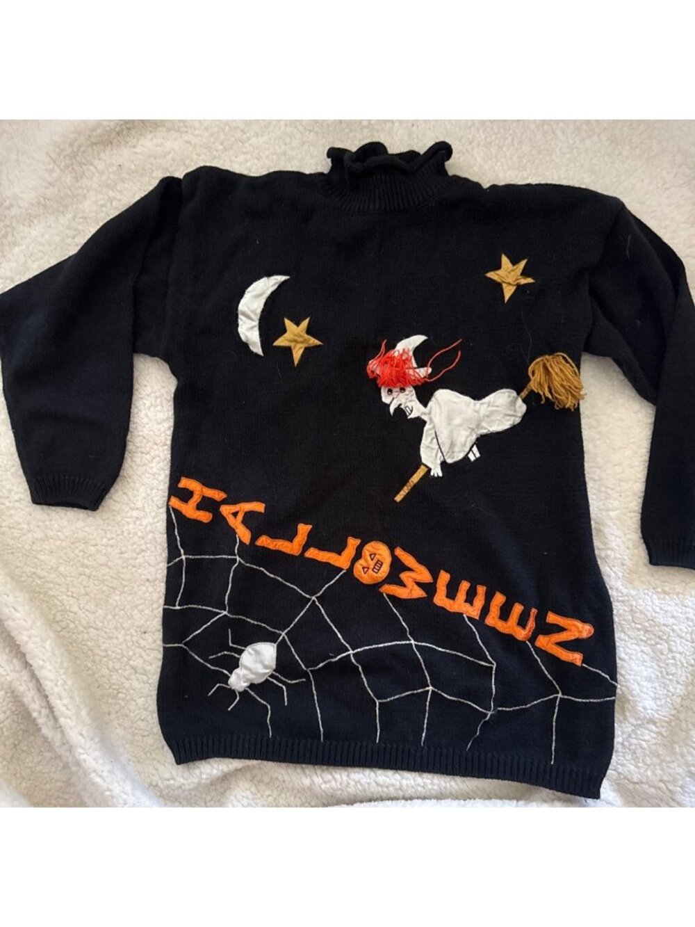 Halloween Sweater Witch & Spider Web Embroidery Black Knit Pullover Bust 38"